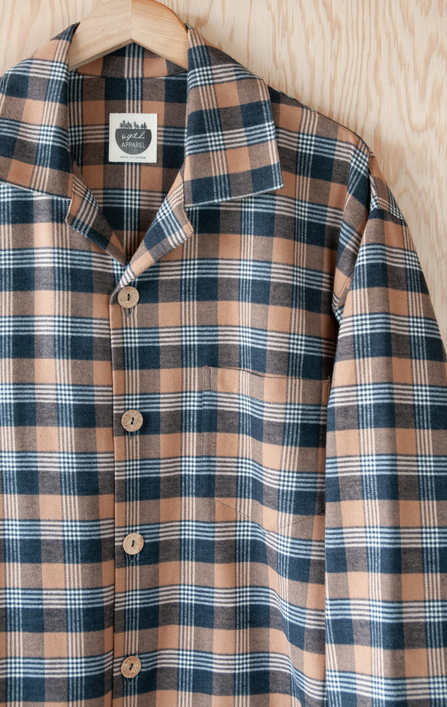 Closeup of Collar of Men's Classic Pajama Set - Pancake Bay Plaid Flannel - Sand - Handmade, Ethically Made, and Sustainably Made by a Small, Local Business in Sault Ste Marie, Ontario, Canada - 49th Apparel