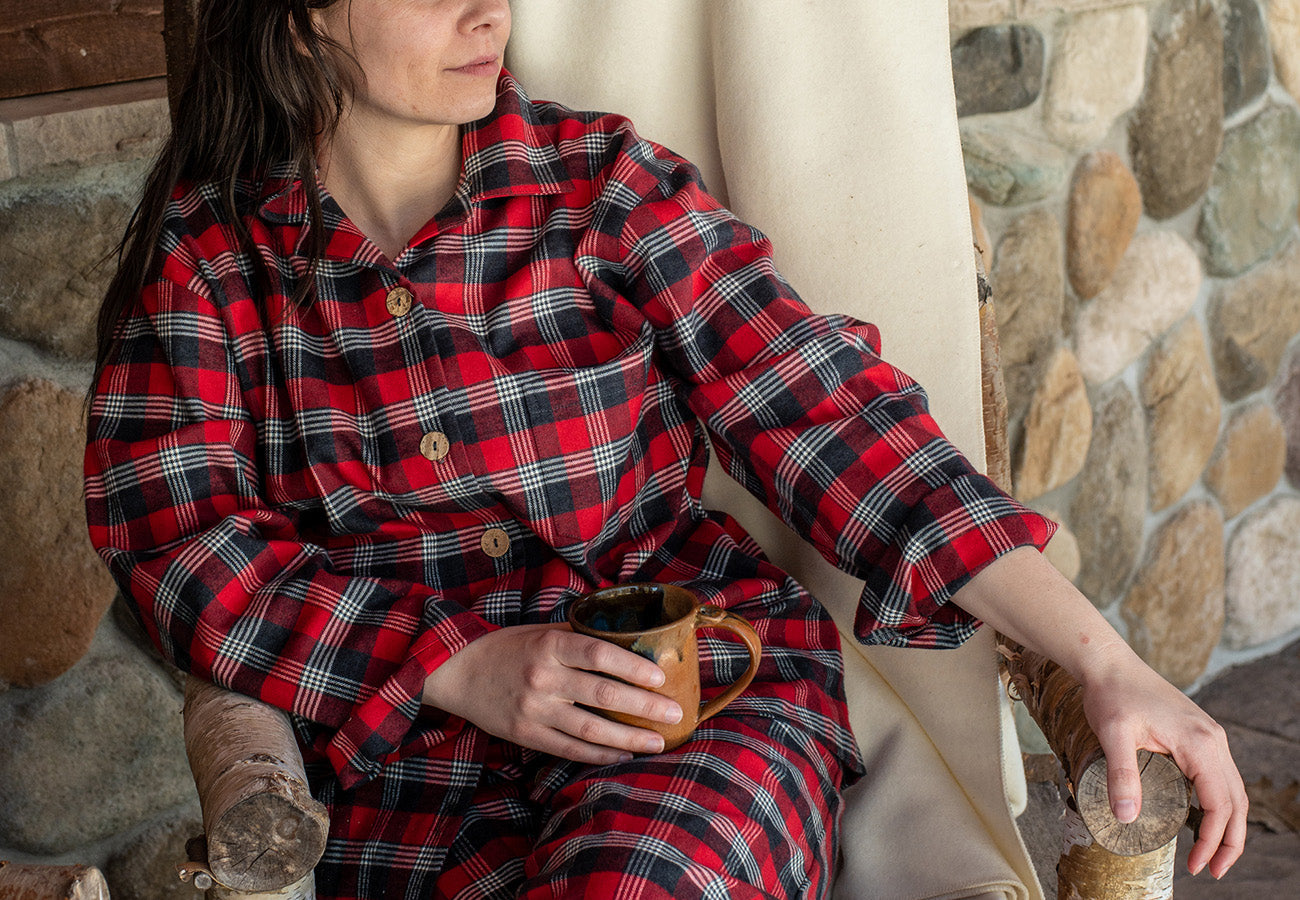 Pancake Bay Red Flannel Pajama Set - Handmade, Ethically Made, and Sustainably Made by Small Business 49th Apparel in Sault Ste Marie, Ontario, Canada