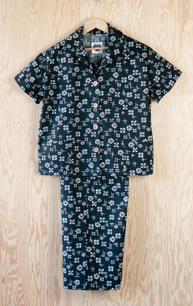 Lucy Pajama Set, Black and White Floral Design, Sustainably and Ethically Made by Small Business 49th Apparel in Northern Ontario