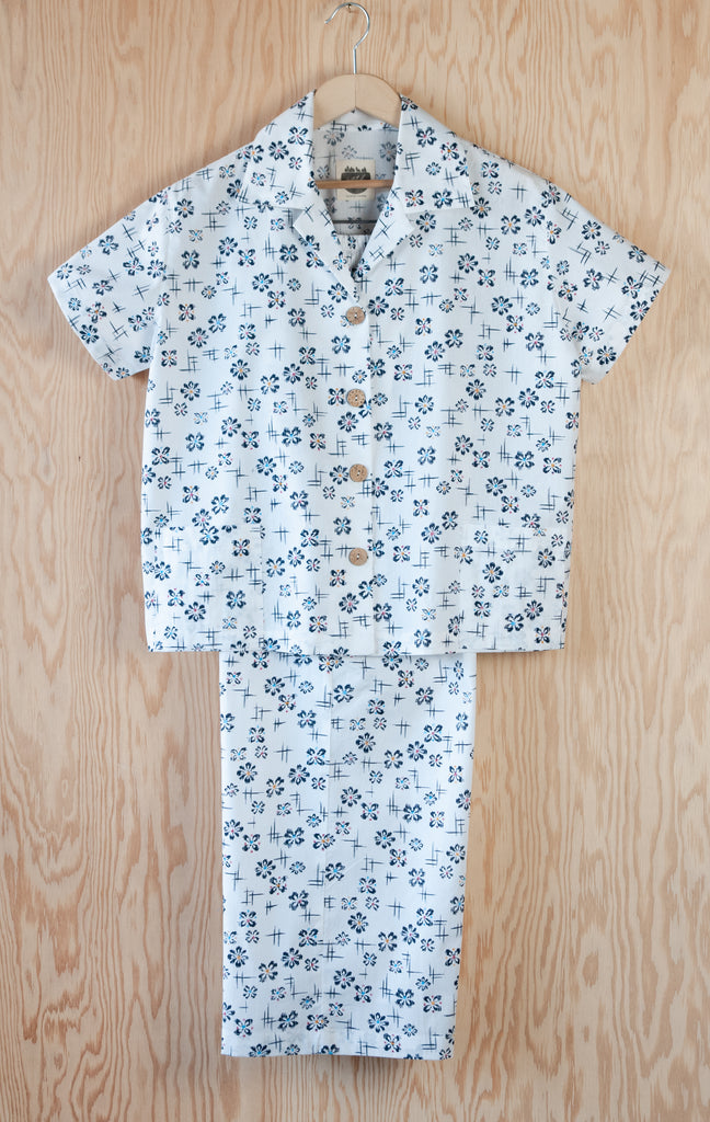 Lucy Pajama Set, Blue and White Floral Design, Sustainably and Ethically Made by Small Business 49th Apparel in Northern Ontario