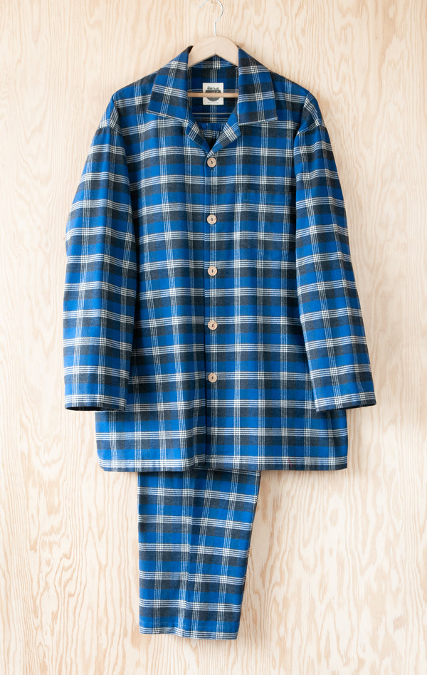 Full View of Men's Classic Pajama Set - Pancake Bay Plaid Flannel - Lake Blue - Handmade, Ethically Made, and Sustainably Made by a Small, Local Business in Sault Ste Marie, Ontario, Canada - 49th Apparel