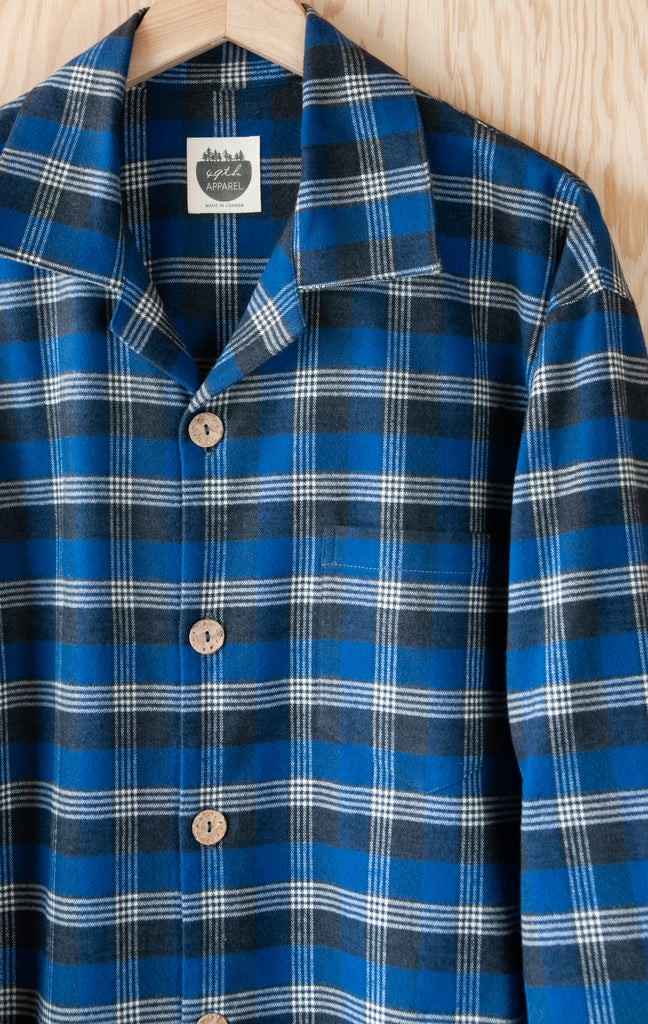 Closeup of Collar and Buttons of Men's Classic Pajama Set - Pancake Bay Plaid Flannel - Lake Blue - Handmade, Ethically Made, and Sustainably Made by a Small, Local Business in Sault Ste Marie, Ontario, Canada - 49th Apparel