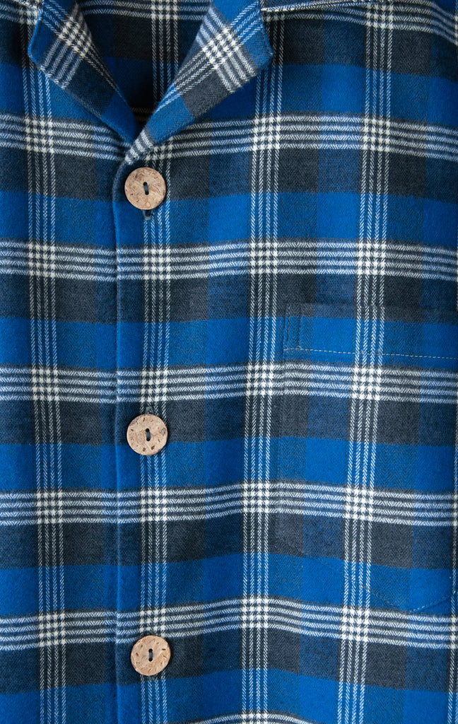 Closeup of Buttons of Men's Classic Pajama Set - Pancake Bay Plaid Flannel - Lake Blue - Handmade, Ethically Made, and Sustainably Made by a Small, Local Business in Sault Ste Marie, Ontario, Canada - 49th Apparel