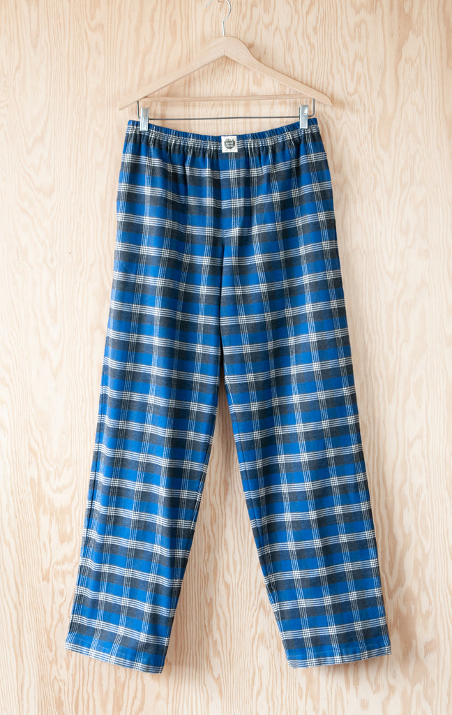 View of Long Pants of Men's Classic Pajama Set - Pancake Bay Plaid Flannel - Lake Blue - Handmade, Ethically Made, and Sustainably Made by a Small, Local Business in Sault Ste Marie, Ontario, Canada - 49th Apparel