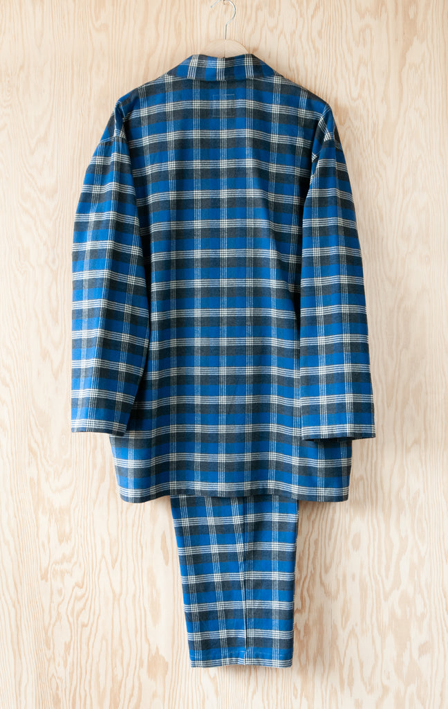 Back View of Men's Classic Pajama Set - Pancake Bay Plaid Flannel - Lake Blue - Handmade, Ethically Made, and Sustainably Made by a Small, Local Business in Sault Ste Marie, Ontario, Canada - 49th Apparel