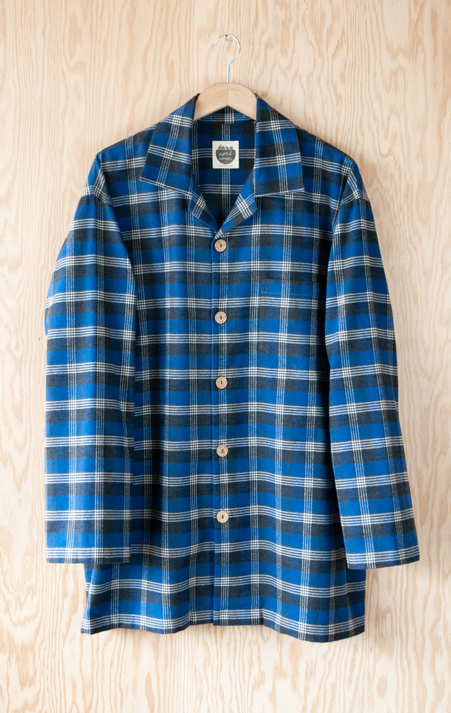 Full View of Shirt of Men's Classic Pajama Set - Pancake Bay Plaid Flannel - Lake Blue - Handmade, Ethically Made, and Sustainably Made by a Small, Local Business in Sault Ste Marie, Ontario, Canada - 49th Apparel