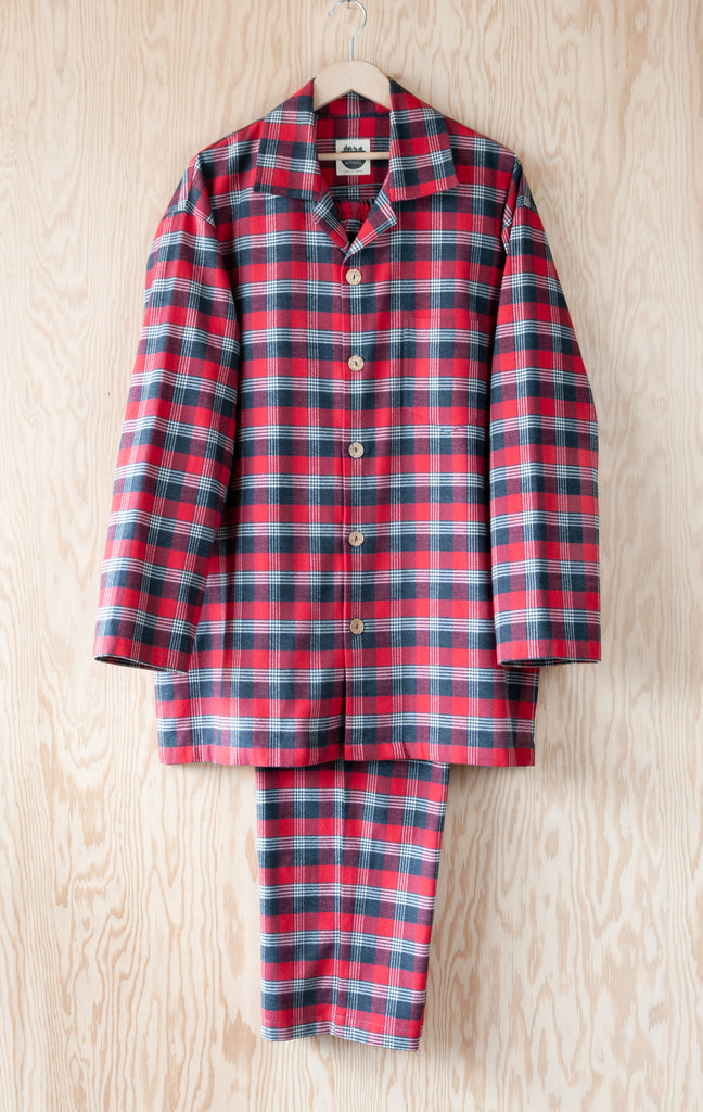 Full View of Men's Classic Pajama Set - Pancake Bay Plaid Flannel - Red - Handmade, Ethically Made, and Sustainably Made by a Small, Local Business in Sault Ste Marie, Ontario, Canada - 49th Apparel
