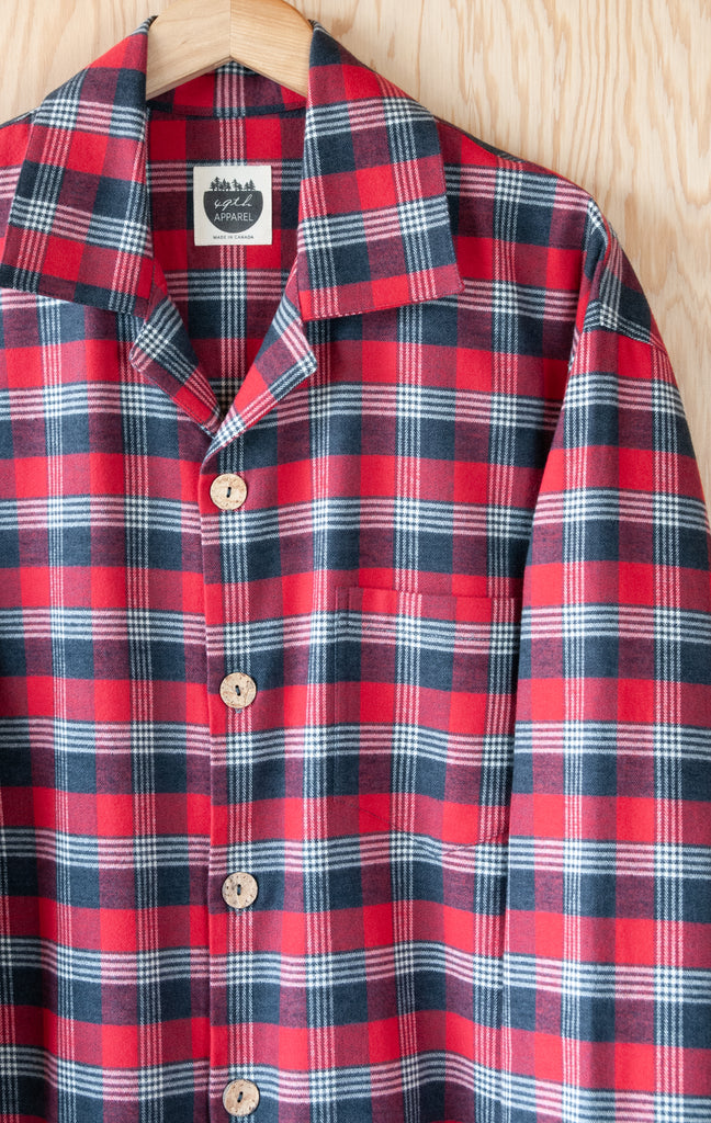 Closeup of Collar of Men's Classic Pajama Set - Pancake Bay Plaid Flannel - Red - Handmade, Ethically Made, and Sustainably Made by a Small, Local Business in Sault Ste Marie, Ontario, Canada - 49th Apparel