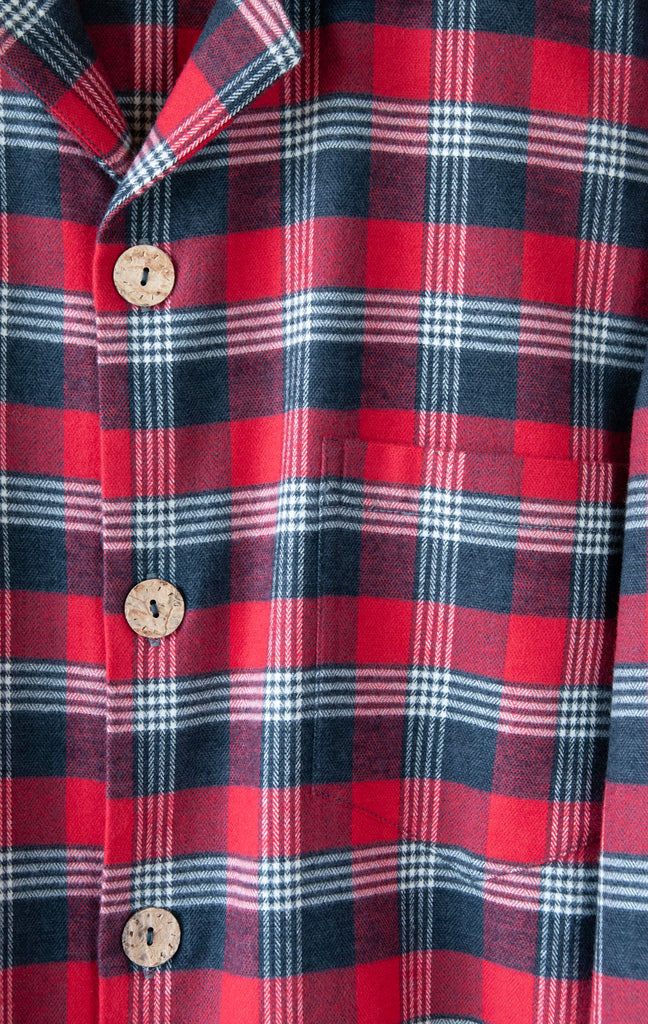 Closeup of Buttons of Men's Classic Pajama Set - Pancake Bay Plaid Flannel - Red - Handmade, Ethically Made, and Sustainably Made by a Small, Local Business in Sault Ste Marie, Ontario, Canada - 49th Apparel