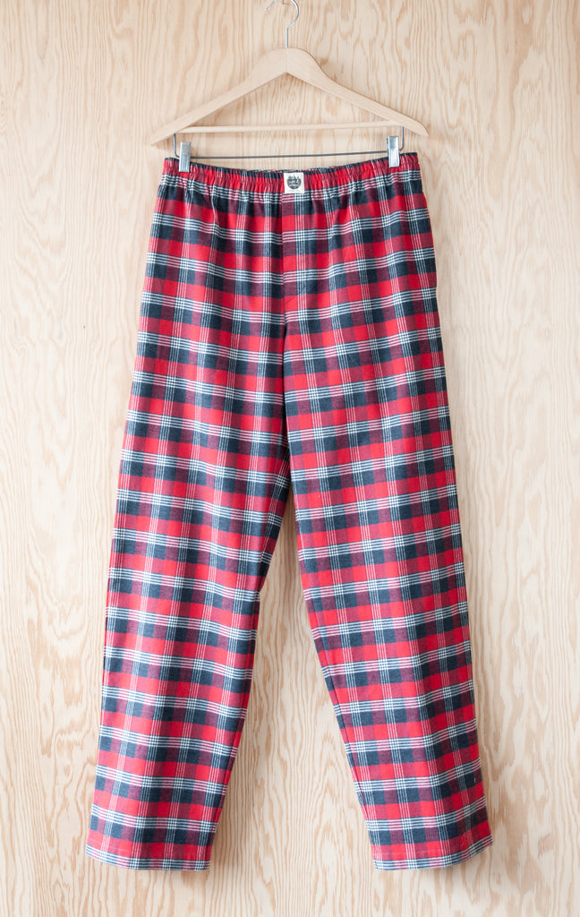 Full View of Pants of Men's Classic Pajama Set - Pancake Bay Plaid Flannel - Red - Handmade, Ethically Made, and Sustainably Made by a Small, Local Business in Sault Ste Marie, Ontario, Canada - 49th Apparel