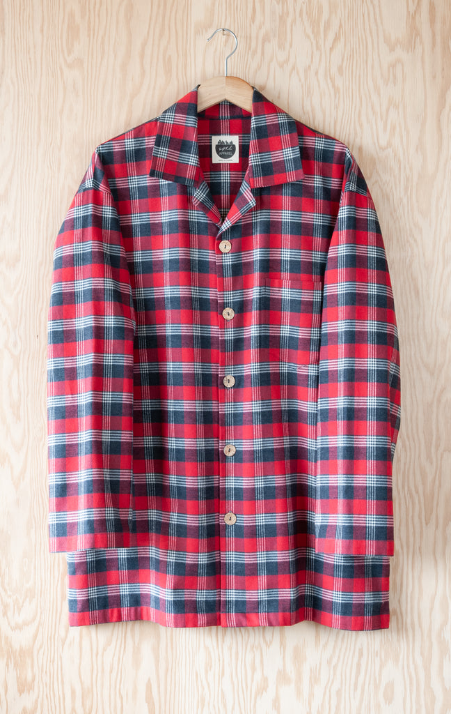 Full View of Shirt of Men's Classic Pajama Set - Pancake Bay Plaid Flannel - Red - Handmade, Ethically Made, and Sustainably Made by a Small, Local Business in Sault Ste Marie, Ontario, Canada - 49th Apparel